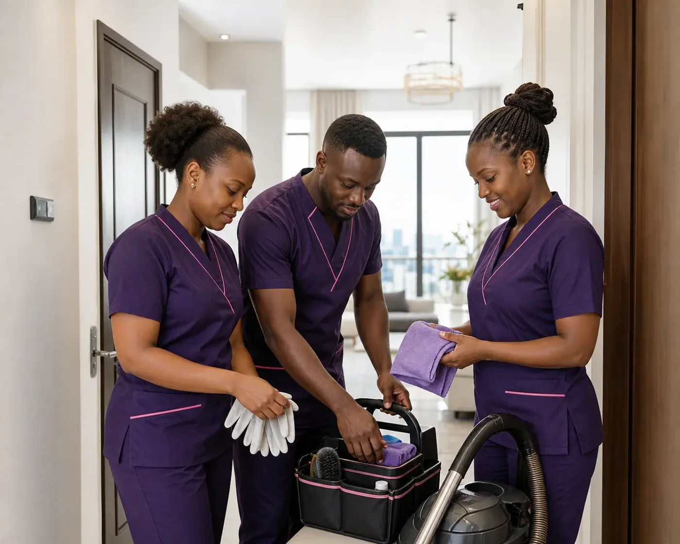 Jakins cleaning professionals preparing equipment together